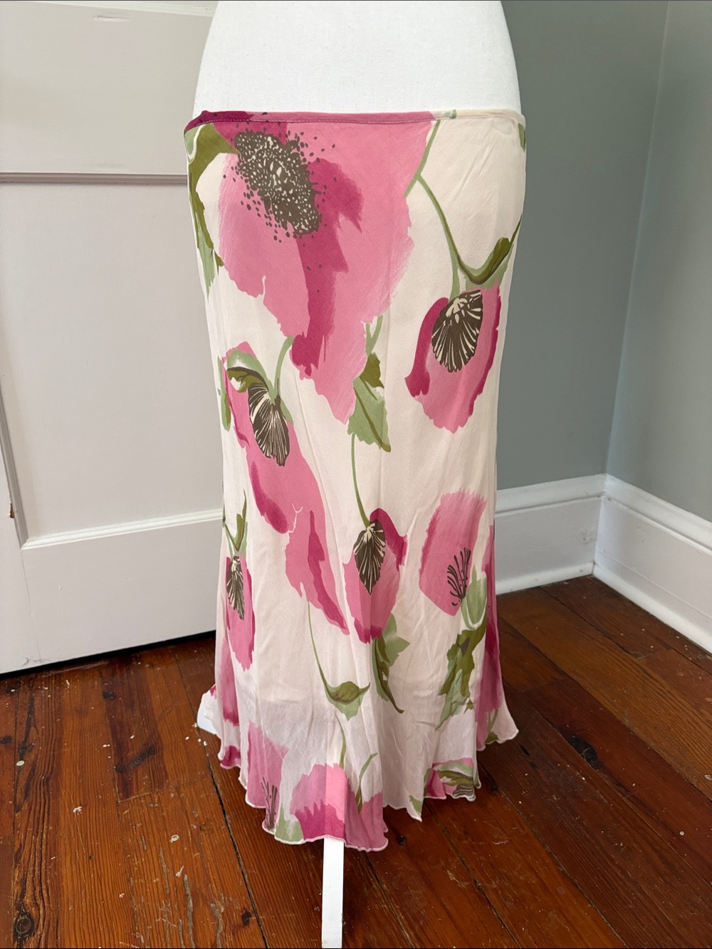 H&M Floral Pink Green Midi Skirt Chiffon Cottagecore Size 12